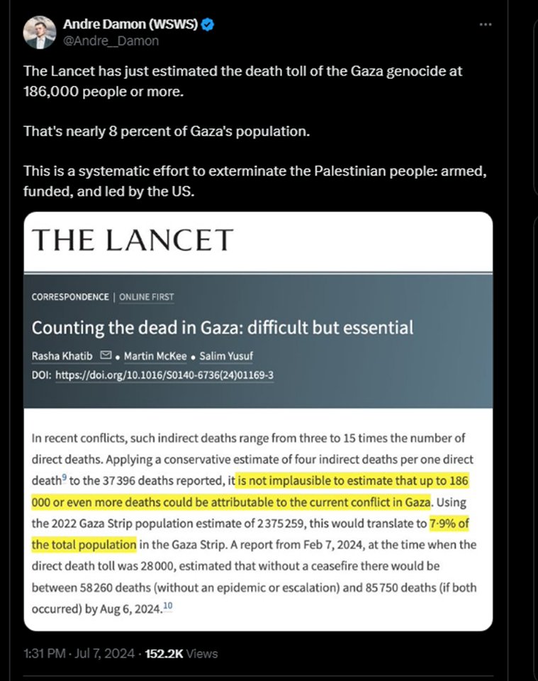 SMoncada_VEN's tweet photo. En las guerras existen las víctimas directas de los ataques y las indirectas del caos posterior. La revista The Lancet estima que en Palestina las víctimas totales llegan a 186.000 personas. Un 8% de la población de Gaza. Israel y EEUU son los agentes de este  genocidio. https://t.co/I7176z9uIF