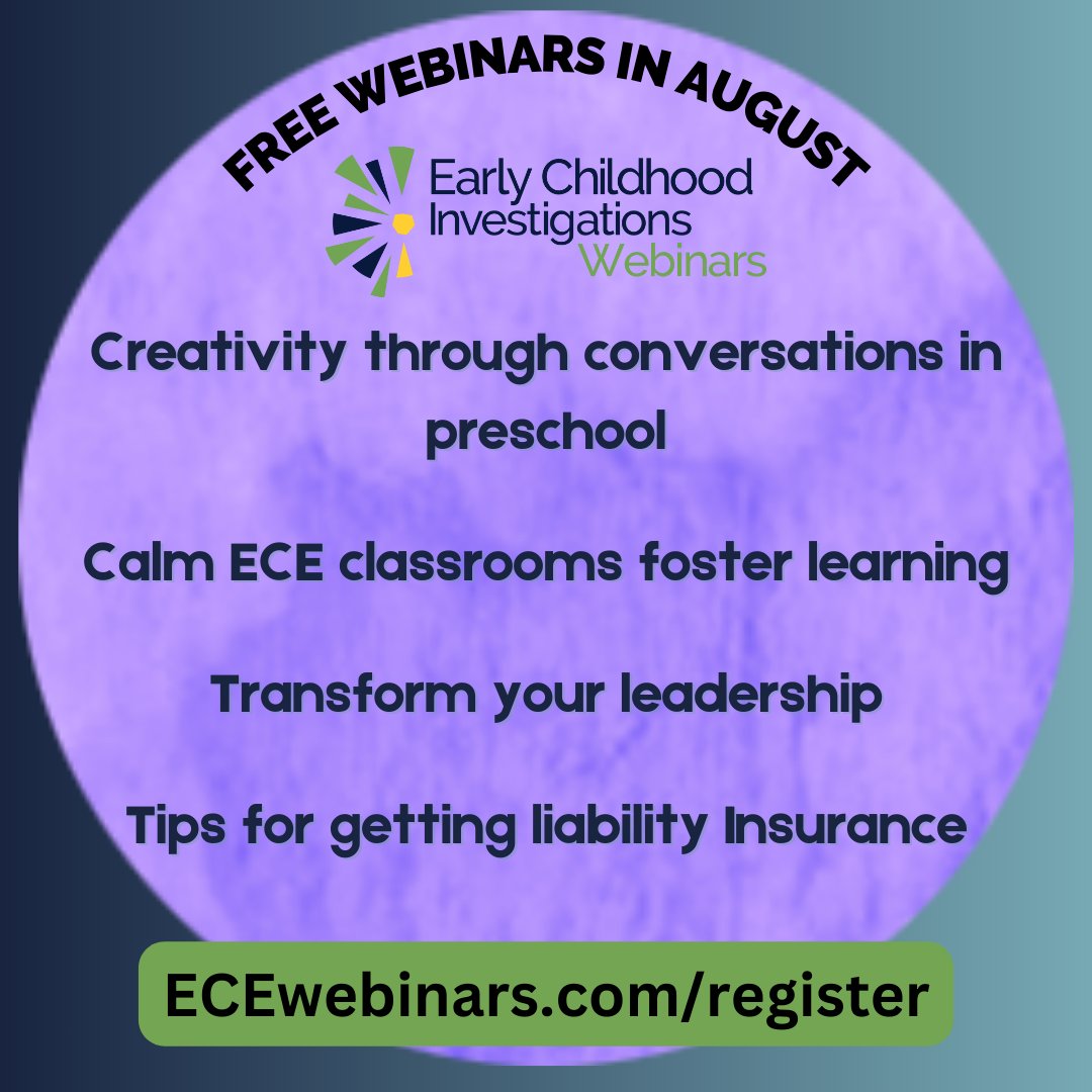 ECEWebinars's tweet photo. 4 FREE AUGUST WEBINARS you should not miss! ➡️ - *|URL|* 

#SEL #earlychildhood #earlyed #earlychildhoodeducation #earlyyears #earlycareandeducation #childcare #preschool #headstart #cdnchildcare #ECEleaders #ECEleadership #play #creativity #learningenvironments https://t.co/4XpD5r4u7B