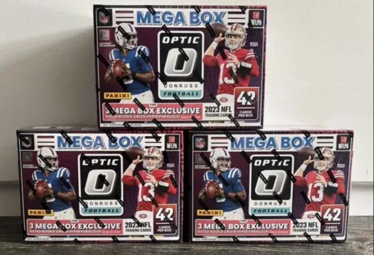 nickwcards's tweet photo. Optic 2023 football mega boxes 

$85 each + shipping. I’ll cover G&amp;S. 
$260 shipped for all 3. 

@PCOregonDucks2 @HobbyConnector @hobbyretweeters @sports_sell @iLoveCollectin1 https://t.co/0u9tprLgMo