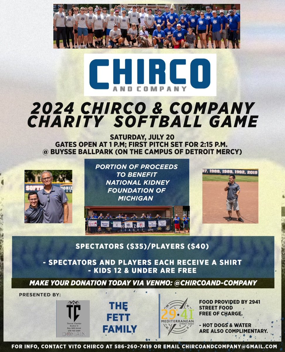 Vito Chirco (@vitojerome) on Twitter photo Thanks to <a href="/ChircoandCo/">Chirco & Company</a> team sponsors <a href="/TrevorCurrierkw/">Trevor Currier</a> & The Fett Family + home run sponsors <a href="/DetroitPodcast/">DetroitSportsPodcast</a> & <a href="/HealthQuest_PT/">HealthQuest Physical Therapy</a> for making the 2024 Chirco & Co. Softball Game a reality! Proceeds will benefit <a href="/KidneyMI/">KidneyMI</a>.
To make a contribution today, you can Venmo @Chircoand-Company Thanks to <a href="/ChircoandCo/">Chirco & Company</a> team sponsors <a href="/TrevorCurrierkw/">Trevor Currier</a> & The Fett Family + home run sponsors <a href="/DetroitPodcast/">DetroitSportsPodcast</a> & <a href="/HealthQuest_PT/">HealthQuest Physical Therapy</a> for making the 2024 Chirco & Co. Softball Game a reality! Proceeds will benefit <a href="/KidneyMI/">KidneyMI</a>.
To make a contribution today, you can Venmo @Chircoand-Company