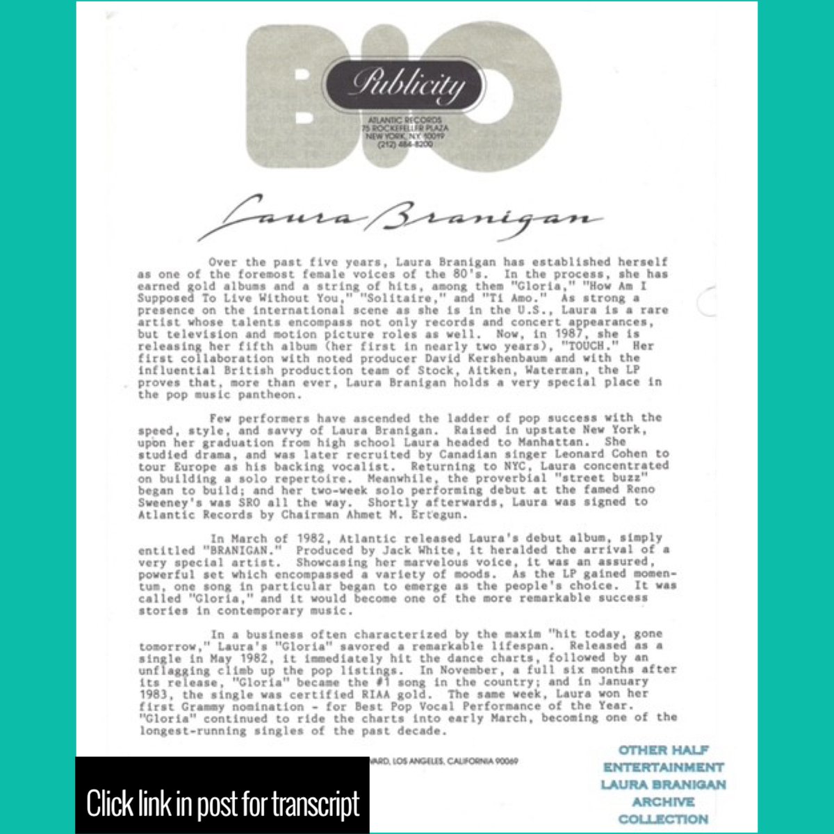 laurabranigan's tweet photo. #Touch 📄 #PressRelease Here's the Atlantic Records press release for Laura's TOUCH album. ~ Kathy Golik, Legacy Manager
🔷 Transcript ➡️ https://t.co/H9qSkoDKij
#LauraBranigan #TouchAlbum #AtlanticRecords #Publicity #PublicRelations #Promotio https://t.co/LKlDy11DQL