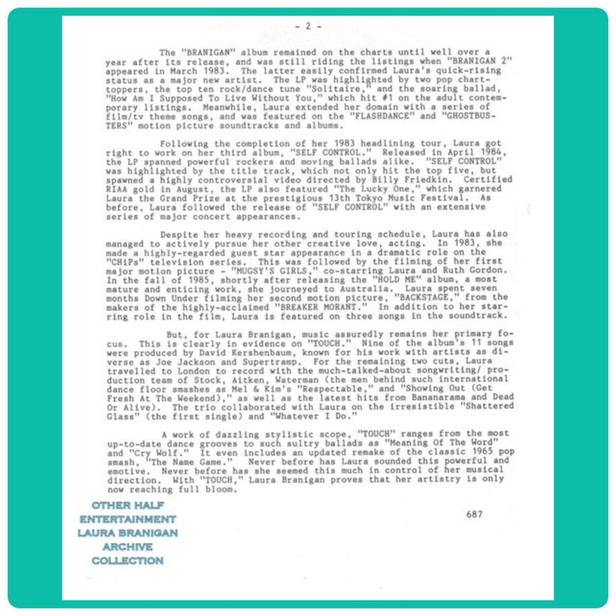 laurabranigan's tweet photo. #Touch 📄 #PressRelease Here's the Atlantic Records press release for Laura's TOUCH album. ~ Kathy Golik, Legacy Manager
🔷 Transcript ➡️ https://t.co/H9qSkoDKij
#LauraBranigan #TouchAlbum #AtlanticRecords #Publicity #PublicRelations #Promotio https://t.co/LKlDy11DQL