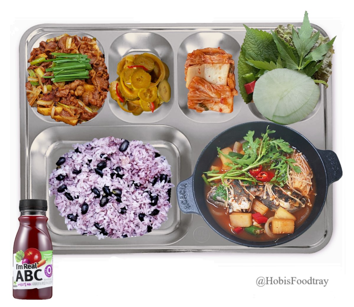 D-97
240712 FRI

🥢중식 Lunch

검은콩밥 Black Bean Rice
우럭매운탕 Spicy Rockfish Stew
매콤오리불고기 Spicy Duck Bulgogi
야채쌈&amp;쌈무 Veg&amp;Pickled Radish Slices
오이양파장아찌 Cucumber&amp;onion pickles
배추김치 kimchi
ABC주스 Apple Beet Carrot Juice

#Jhope #제이홉 #Hobisfoodtray