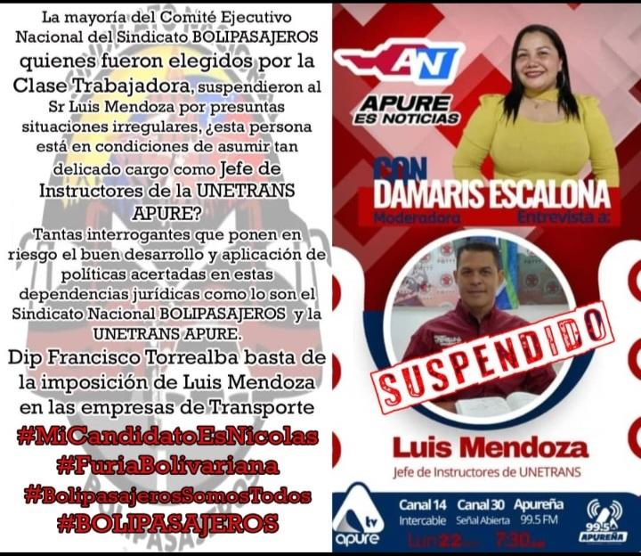 Sr Luis Adrian Mendoza Gutierrez respete los Estatutos, la LOTTT y la Soberana Decisión de la Mayoría de los Miembros del Comité Ejecutivo del Sindicato Nacional Bolivariano de Transporte BOLIPASAJEROS, usted está SUSPENDIDO DE SU CARGO