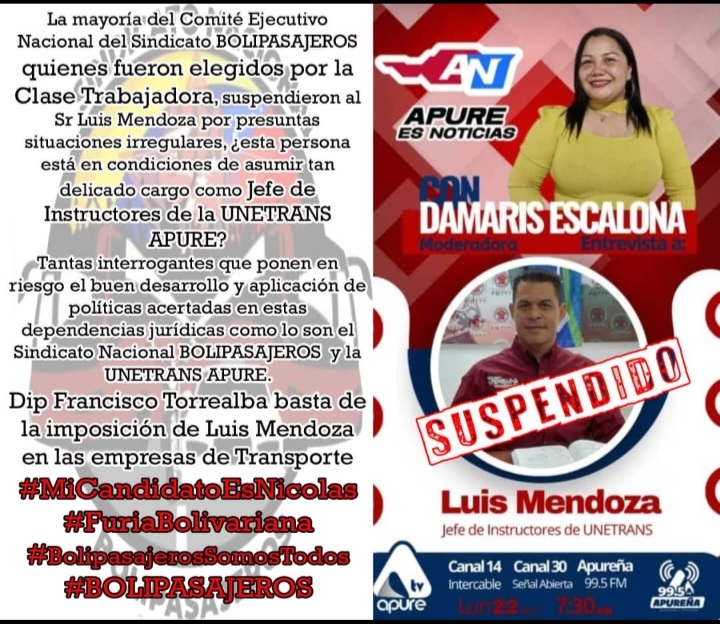 Sr Luis Adrian Mendoza Gutierrez RESPETE los Estatutos, la LOTTT y la Soberana decisión de la Mayoría de los Miembros del Comité Ejecutivo del Sindicato Nacional Bolivariano de Transporte BOLIPASAJEROS. Usted está SUSPENDIDO DE SU CARGO <a href="/torrealbaf/">Francisco Torrealba</a> #Bolipasajeros