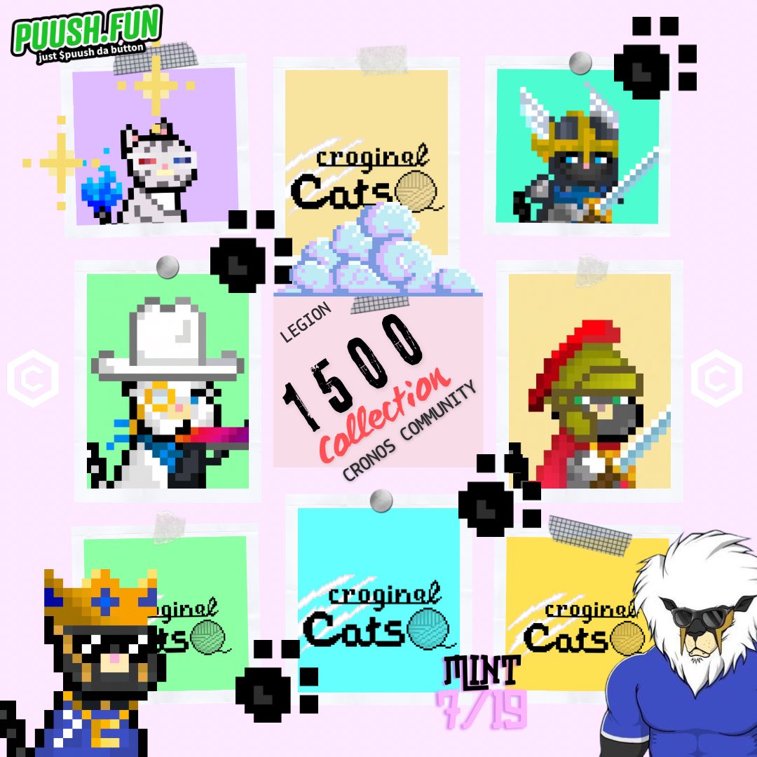 legion_cro's tweet photo. @Croginal NFT Details
🎨 Pixel Cat NFT Collection Details 🎨

•9 Backgrounds 🌅
•69 Body Items (nice) 👕
•11 Eye Colors 👀
•26 Face Items 😺
•18 Basic Fur Colors (+5 Uber Rare Skins) 🐾
•103 Head Items 🎩

Get ready for the purr-fect combination of creativity and uniqueness! 🐱✨
Must follow 👉🏼 @blazee__19 @chocopuff_cro @CAWCOINCAWK @richmelons_ @VisitCronos
@cryptocom @cronosapp @LoadedLions_CDC 
A @PUUSHDABUTTON token
Just $PUSH da button

#CRGNL #PixelCats #NFT #CryptoCommunity #Cronos #NFTs #Crofam