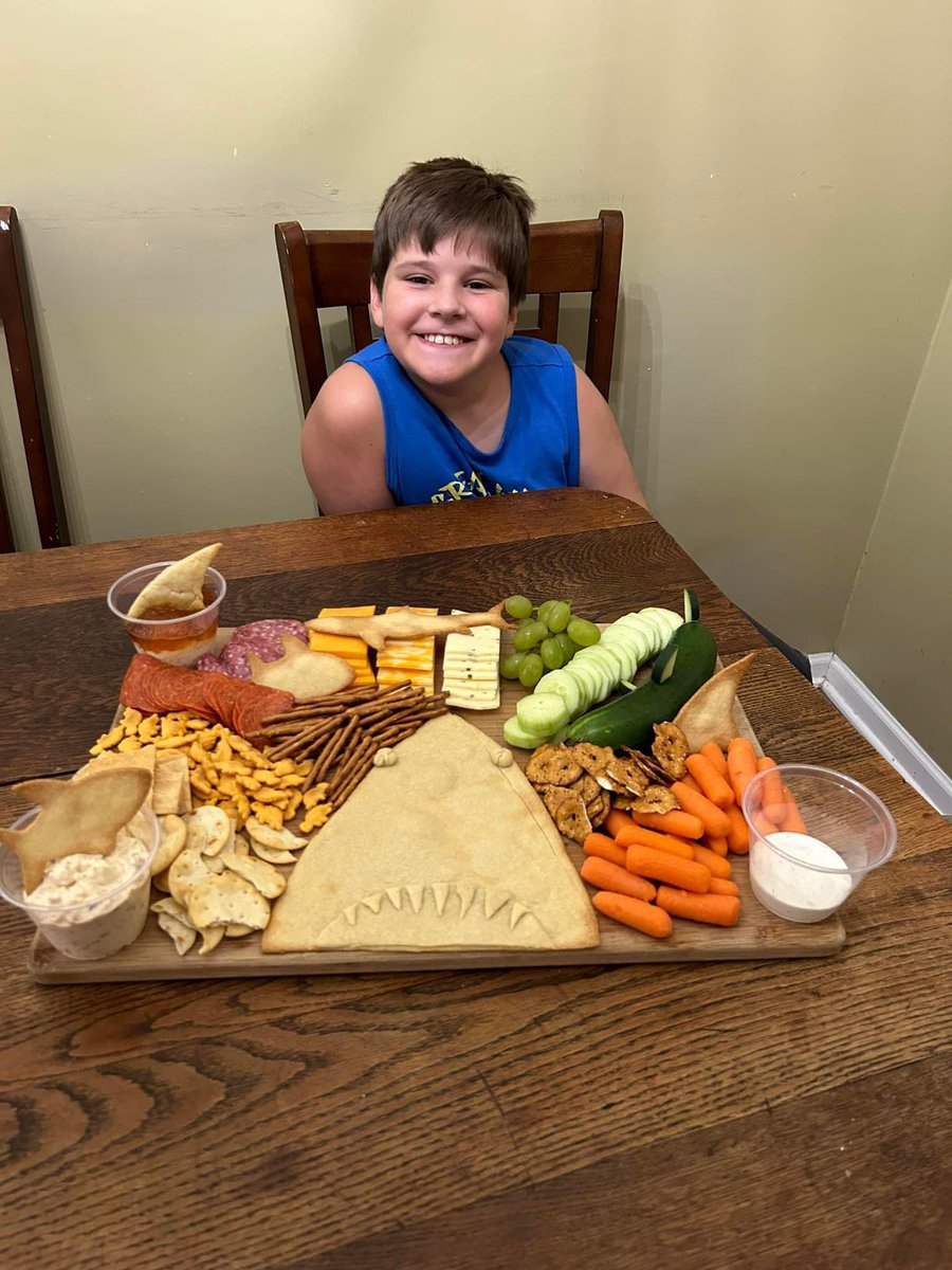 todd231's tweet photo. @TheSharkDoctor @ABC4EXPLORE  and @PauldeGelder Landon requested the annual @SharkWeek kick off meal of the Shark-cuterie board! https://t.co/x7h9j5nlvC