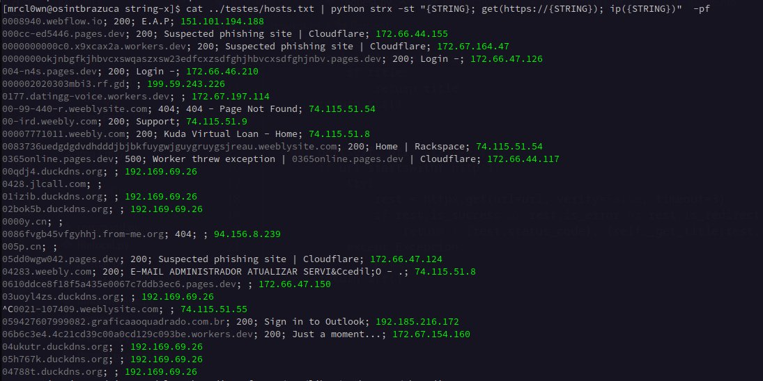 [String-X / STRX]
Novas funções: get, replace e ip
Ex: 
  cat hosts.txt | python strx -st "{STRING}; get(https://{STRING}); ip({STRING})"  -pf

> github.com/osintbrazuca/s…

#osint #hacking #python #brasil