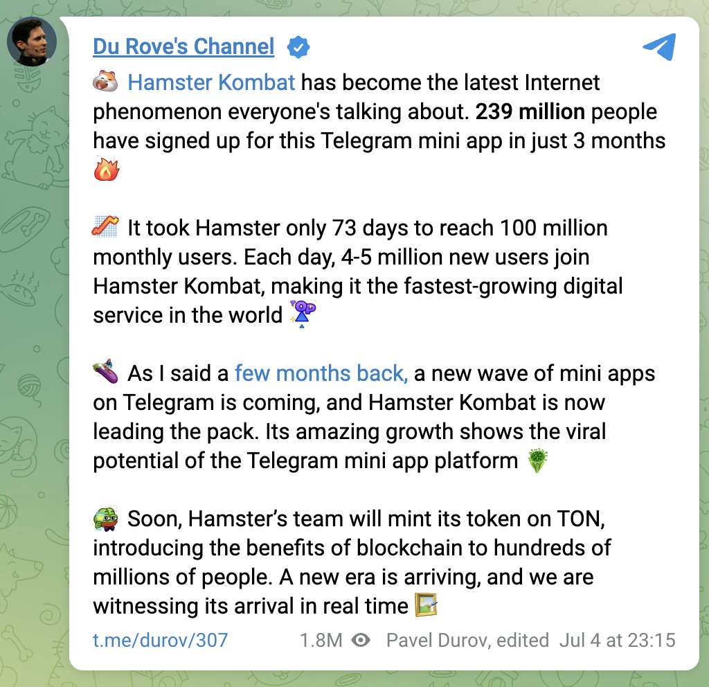 Telegram 联合创始人Du Rove 这两天也在奶仓鼠游戏，说是@hamster_kombat 3 月份以来，这个点击游戏已经吸引了超过2.39  亿人注册TG 的小程序，每天有