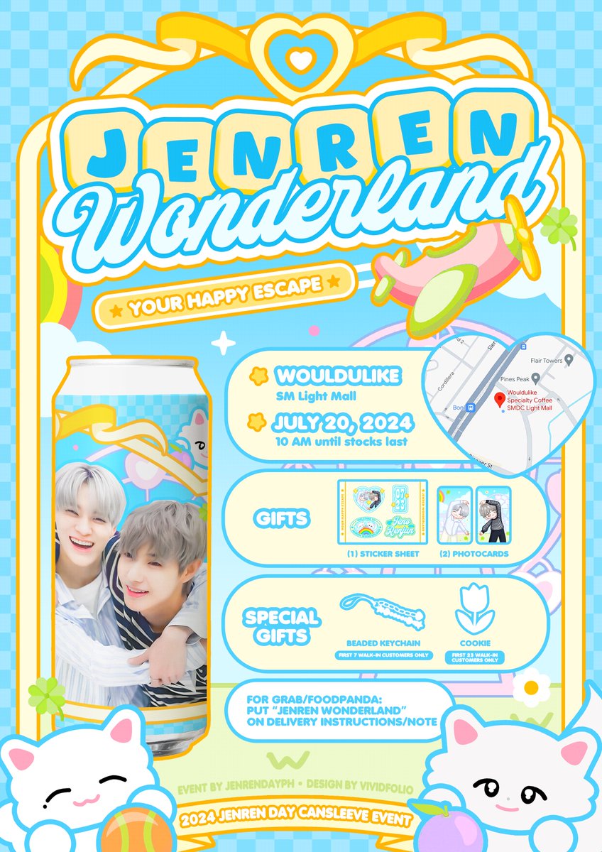WouldULikeph's tweet image. 🄹🄴🄽🅁🄴🄽 🅆🄾🄽🄳🄴🅁🄻🄰🄽🄳---✈︎

An Event for Jeno &amp;amp; Renjun 2024~

✿𝓓𝓪𝓽𝓮: 07.20.24
✿𝓣𝓲𝓶𝓮: 10am
✿ 𝓟𝓵𝓪𝓬𝓮: WouldULike SM Light Mall
✿ Available for walk-ins, grab &amp;amp; food panda (put note "jenren wonderland")

Follow @jenrendayph for more details and updates!