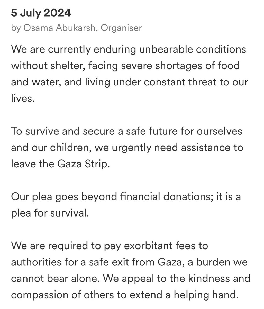 Osama <a href="/karshosama/">أسامة𓂆 🇵🇸</a> has raised only €4,712 out of €20,000. Osama has been fundraising since FEBRUARY. He should be going to the gym and enjoying his life like he did before, not out in the scorching heat without enough food &amp; water. 

Anything helps 🍉❤️

gofund.me/b61720c8