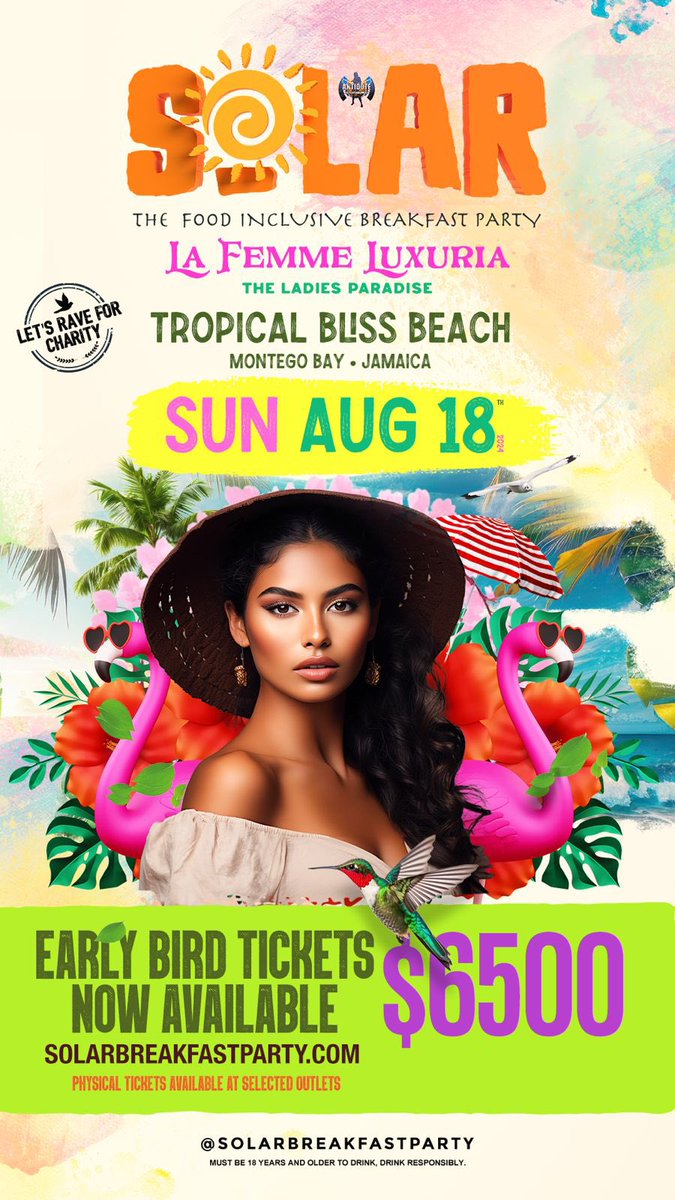 #SolarBreakfastParty (@solarbfparty) on Twitter photo It's ready‼️ Solar EARLY BIRD tickets are here:
🎟$6500 JMD : 🎟$45 USD 💸
.
Online: Solarbreakfastparty.com
.
Tickets available at select outlets!
.
La Femme Luxuria
The Ladies Paradise loading...
🧡💛💖
.
. 
#solarbreakfastparty #raveforcharity It's ready‼️ Solar EARLY BIRD tickets are here:
🎟$6500 JMD : 🎟$45 USD 💸
.
Online: Solarbreakfastparty.com
.
Tickets available at select outlets!
.
La Femme Luxuria
The Ladies Paradise loading...
🧡💛💖
.
. 
#solarbreakfastparty #raveforcharity