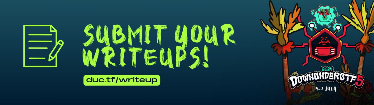 DownUnderCTF (@downunderctf) on Twitter photo After 48 hours of challenges, itās time to win more! š
Submit your write-ups for a chance to win AUD$100 in different categories!
Form closes 21st July at 11:59pm AEST: duc.tf/writeup
Judged by the DUCTF team & 3-time winner <a href="/justinsteven/">xchg justin,justin</a>
Open to all! š° After 48 hours of challenges, itās time to win more! š
Submit your write-ups for a chance to win AUD$100 in different categories!
Form closes 21st July at 11:59pm AEST: duc.tf/writeup
Judged by the DUCTF team & 3-time winner <a href="/justinsteven/">xchg justin,justin</a>
Open to all! š°