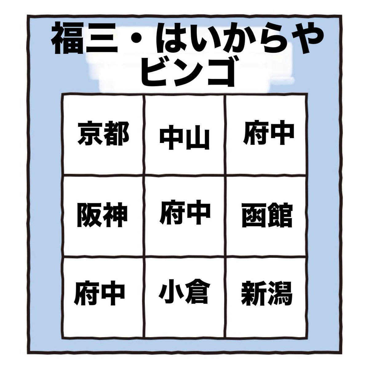 skybluedeepsky's tweet photo. 競馬の楽しみはギャンブルでもあり、推しの馬、ジョッキー、厩舎、牧場、オーナー
の応援、そしてギャンブルメシ。そのギャンブルメシをただ何となくではなく目標というかお腹を満たすだけじゃない楽しみを
と言う事で自己満で作ったビンゴ、よろしかったらチャレンジしてみて下さい
#福三
#はいからや https://t.co/PbSFWngyMz