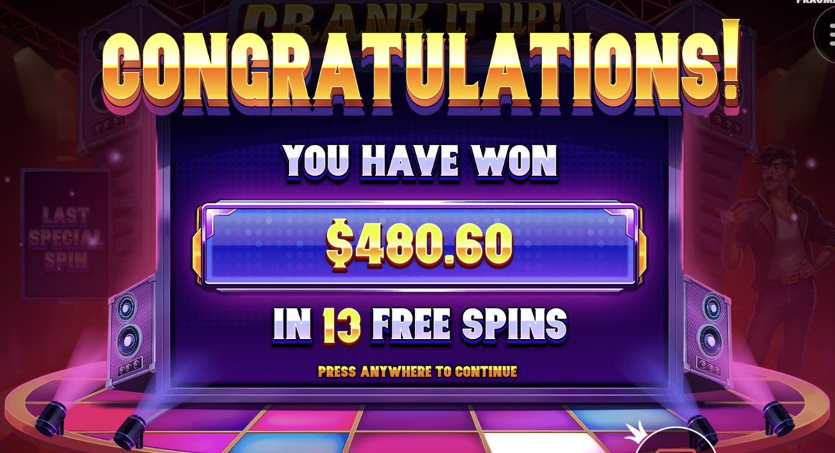Stake's tweet image. Hi Twitter,

Hope you've had a nice weekend. I spent mine playing some new releases and won a bonus on Crank It Up by Pragmatic.

Comment 'Kevin has moves' and RT and I'll randomly select 6 people to win a share of my $480.60 bonus.

Regards,
Kevin

*.com only