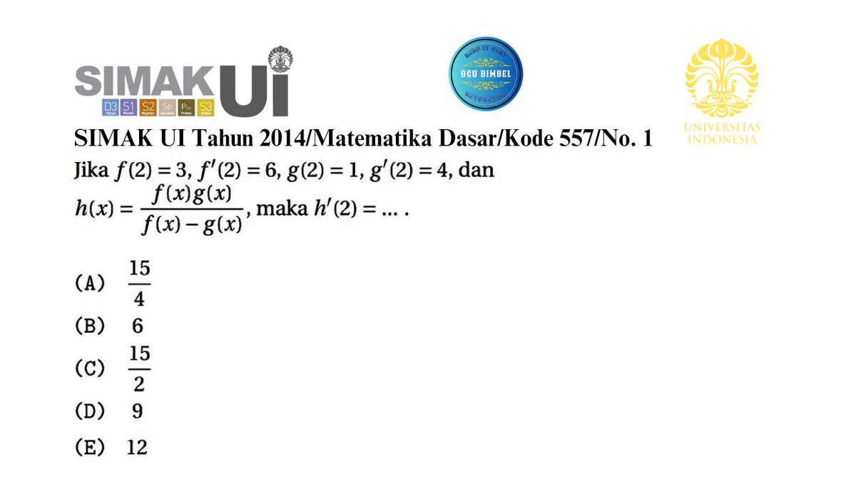 BimbelIcsiak's tweet photo. SIMAK UI Tahun 2014/Matematika Dasar/Kode 557/No. 1 (Turunan Fungsi Aljabar)

#tkpa #shorts #study #studytwt #studyacc #simakUI #UI #simakUI2024 #AMBISVERSE https://t.co/cZ2ElJtPiJ