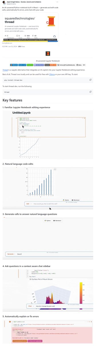 morris_phd's tweet photo. https://t.co/jUdvs5MI45 thread AI Jupyter to generate,chat,edit,fix data. Git https://t.co/rTWhq4Xfuw
News https://t.co/lLfwtmvXkM
More https://t.co/yFb3Ds4tXm
LinkedIn https://t.co/FC5hpfOlxr
#AINewsClips #AI #ML #ArtificialIntelligence #MachineLearning #Jupyter #DatScience #LLM https://t.co/SKrdCuWNdO