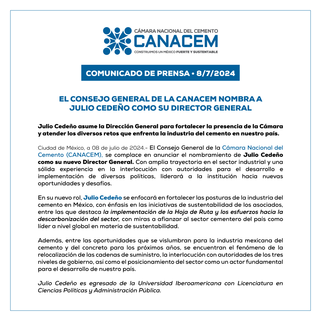 Canacem_Mx's tweet photo. Como nuestro Director General, Julio Cedeño, se enfocará en fortalecer la postura del sector, con énfasis en las iniciativas se sustentabilidad de nuestras afiliadas.
#OrgulloCANACEM #CementoMexicano @J_Cedeno
@lacruzazul @Holcim_Mx @Cem_Moctezuma @CementosF @GCC_Mex @CEMEXMx https://t.co/h6Z3dICLhz