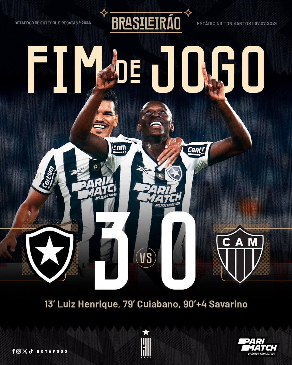 Botafogo's tweet image. NOITE DOS GOLAÇOS! 🔥⚽ 

Luiz Henrique, Cuiabano e Savarino marcam e Fogão vence o Atlético no Nilton Santos. É O GLORIOSO! IMPONENTE! 💪🏾🏟️ #VamosBOTAFOGO