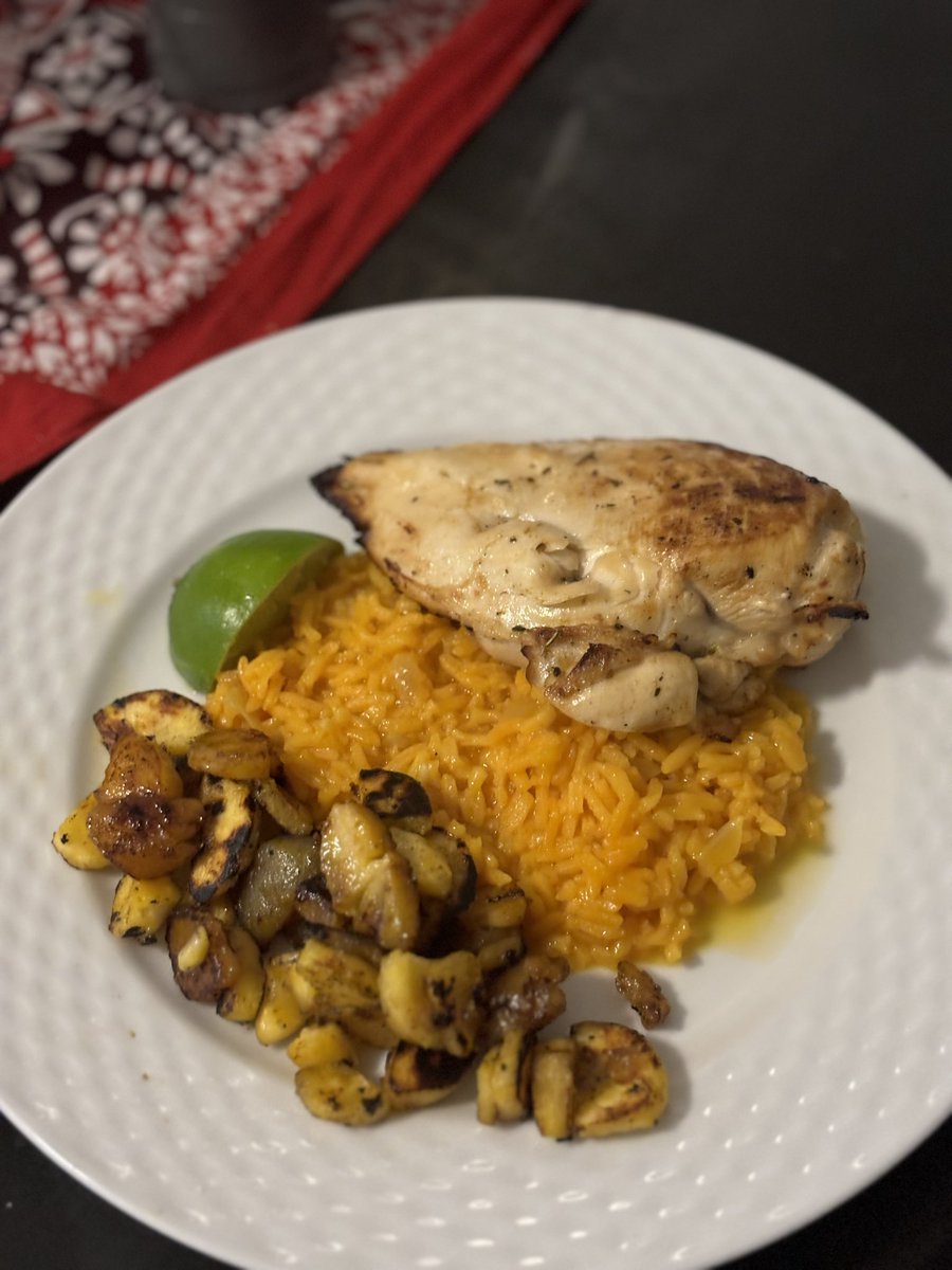I want to show off my dinner tonight, courtesy of the Give My Swiss Chards to Broadway cookbook.

Chicken Breast Side Story: 
Maria-nated chicken breast, fried plantains &amp; sazon rice 

(No, the puns are not actually mine, how amazing is that?!)