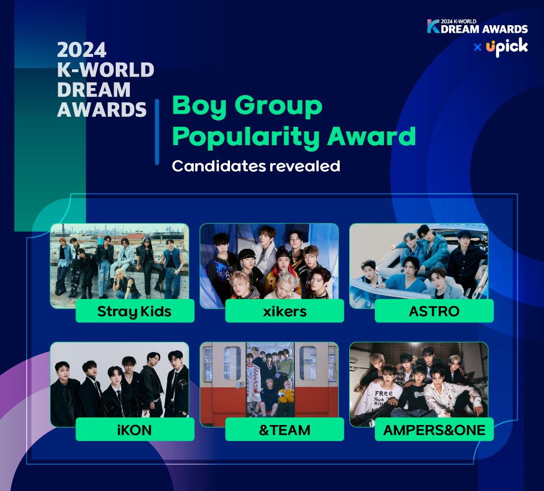 UPICK_twt's tweet image. 🏆2024 K-WORLD DREAM AWARDS🏆
[Boy Group Popularity Award] Nomination

#UPICK #2024KWDA

#StrayKids
#xikers
#ASTRO
#iKON
#andTEAM
#AMPERSANDONE

⭕ 7/18 12PM Voting Starts
🎁 2024 KWDA [Boy Group Popularity Award]