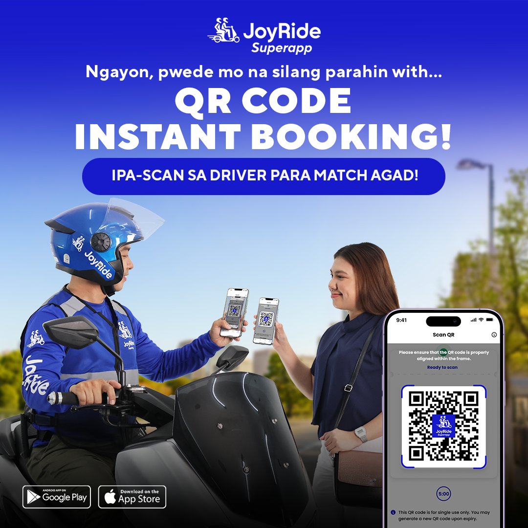 Match agad with a JoyRide MC Taxi driver! Parahin lang sila at gamitin ang JoyRide QR Code Instant Booking!

Download or Update to the latest version (v.5.18) of the JoyRide Superapp here: onelink.to/letsjoyride

#JoyRidePH #JoyRideSuperapp #QRCodeInstantBooking #JoyRideMCTaxi