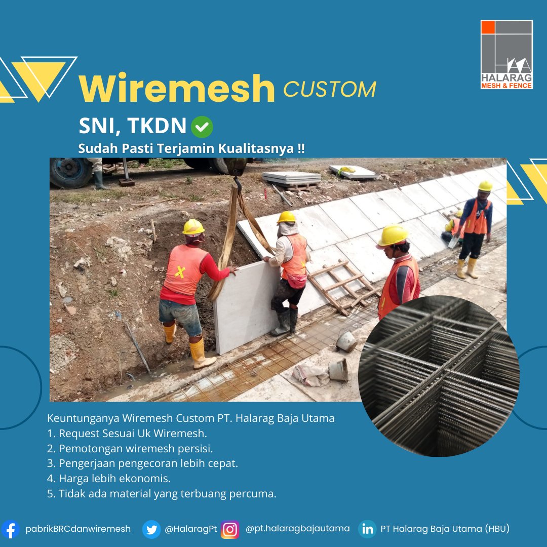 HalaragPt's tweet photo. Yuk Simak... kenapa harus menggunakan Wiremesh custom ini....
Keuntunganya Wiremesh Custom
1. Request Sesuai Uk Wiremesh.
2. Pemotongan wiremesh persisi.
3. Pengerjaan pengecoran lebih cepat
Website :
https://t.co/wcluOu4IV4
https://t.co/A9v9qqPErI
#wiremesh #wiremeshcustom https://t.co/scOsitIcxF