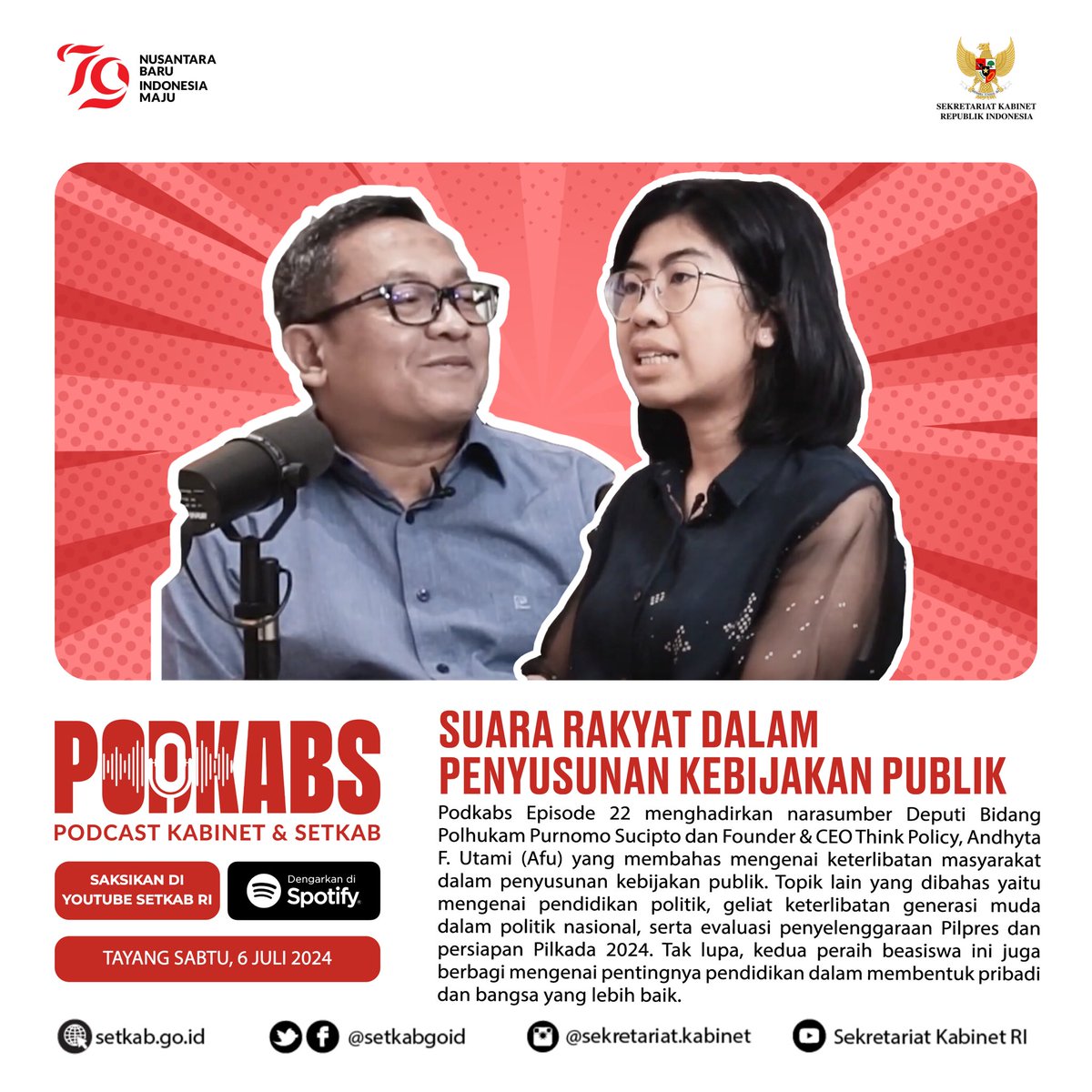 setkabgoid's tweet photo. Kawan Kabinet, yuk saksikan #Podkabs episode 22 "Suara Rakyat dalam Penyusunan Kebijakan Publik", dengan narasumber Deputi Bidang Polhukam Setkab Purnomo Sucipto dan Founder & CEO Think Policy @Afutami!
https://t.co/Klp7fT8UpK https://t.co/QSiJqIXwch