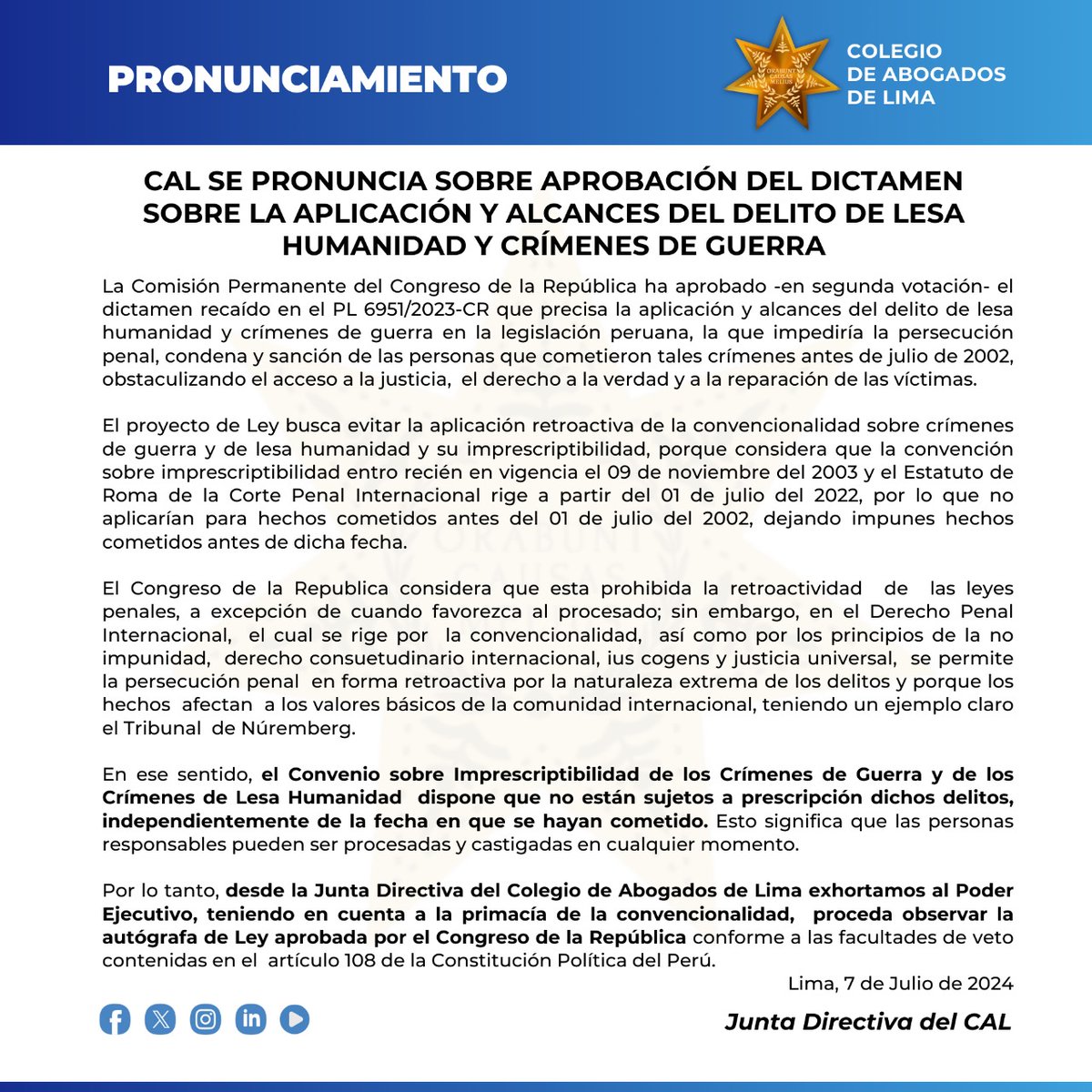 CALPERUOFICIAL's tweet photo. 🔵📢 #Pronunciamiento | CAL se pronuncia sobre aprobación del dictamen sobre la aplicación y alcances del delito de lesa humanidad y crímenes de guerra. 

#ColegiodeAbogadosdeLima https://t.co/J9nRPuqW42