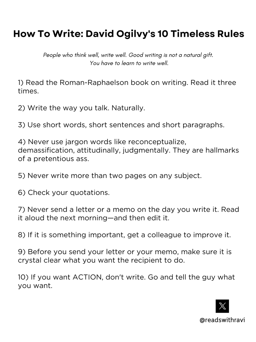 readswithravi's tweet photo. David Ogilvy's 10 Timeless Rules on Writing ‼️

(From his 1982 memo) https://t.co/ZauGIWeIRa