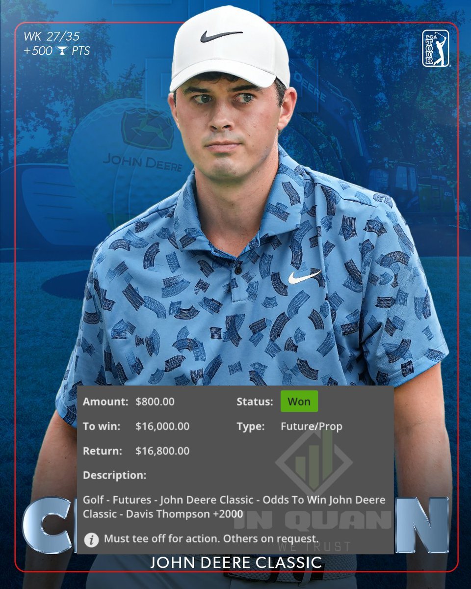QuanNFL's tweet photo. Golf betting stays HOT with a monster John Deere Classic 🚜

Outright
Davis Thompson ✅✅✅✅

Top 5
Thorbjornsen +275 ✅

Top 20
Eric Cole +200 ✅
Denny McCarthy +110 ✅

Sweep placements, profit +9.5 units. Lovely jump start to the July market! 

We are onto the Scottish! 🏴󠁧󠁢󠁳󠁣󠁴󠁿