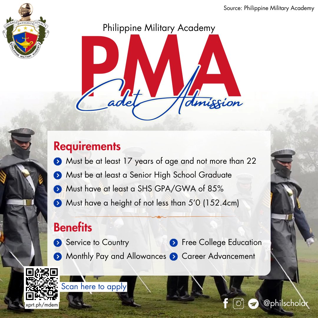 PhilScholar's tweet photo. Your chance to SERVE your country‼️

PMA Cadetship Online Admission is still ONGOING for applications

The deadline for applications will be on August 1, 2024, at 8:00 AM, don't miss this chance

For full qualifications and requirements: https://t.co/Gezs1yabb8 https://t.co/qTRd4iNdIl