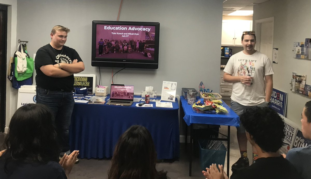 AZLD4Dems's tweet photo. Thank you @tylerkowch & @Mikah_Dyer for today’s education seminar covering ESAs, school boards, budgets & messaging at the doors. A big hit with #SummerInterns! #AZLD2 #AZLD4 #NorthValleyDems 📓🍎👏 https://t.co/jMBpUuNaa4