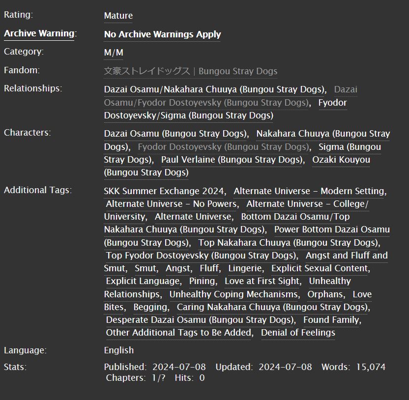 gift for <a href="/thereweregiants/">thereweregiants</a> for the <a href="/skksummerexch/">Soukoku Summer Exchange • Completed</a>!! i hope you enjoy reading it as much as i had fun writing it 🥰💕💕#skksummerexchange

→ living a life of my own [ch.1]
→ rating: m
→ 15k 
→ skk / chuuda 
→ love at first sight
→ university/modern au

fic link below🔽