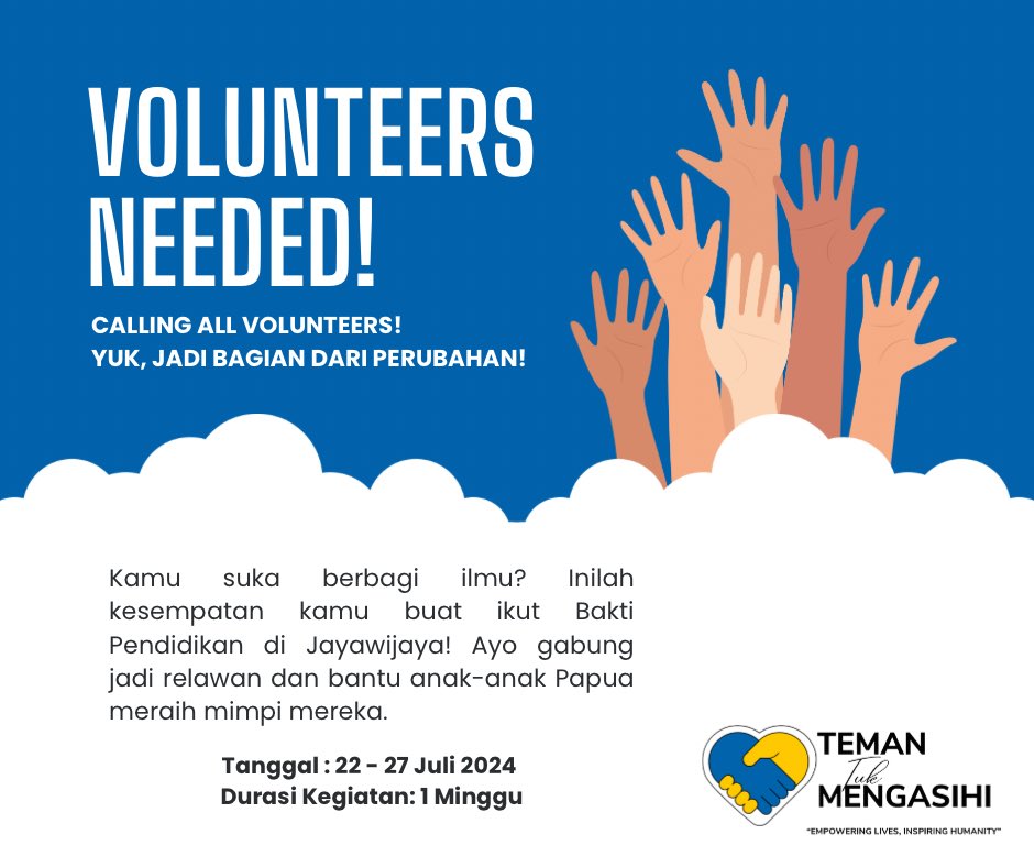 ㅤ

[ OPEN VOLUNTEER AND HELP RT]

Dalam rangka Hari Anak Nasional, Komunitas kami akan menyelenggarakan Bakti Pendidikan di Jayawijaya pada tanggal 22-27 Juli 2024.

ㅤ