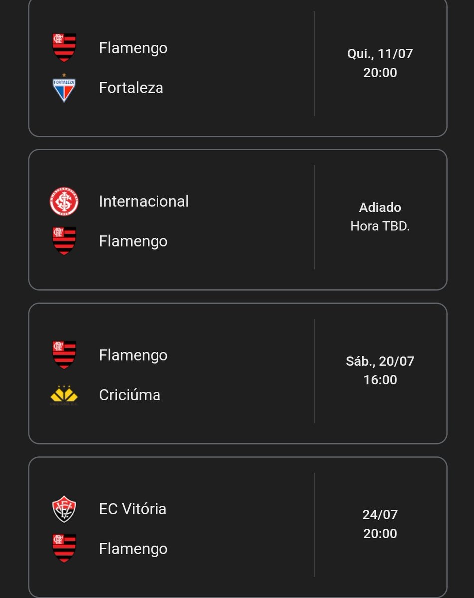 ocriaa_'s tweet photo. Próximos jogos..  o bom que adiaram este jogo com o Inter. Teremos mais tempo para descansar o Jogadores #flamengo https://t.co/6WO0bPY82H