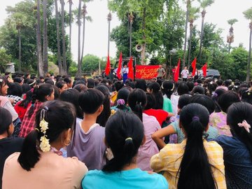NantEiThandar's tweet photo. Basic Education Student Union, youths & local residents from #Budalin Twp, #Sagaing Region , joined demonstration to overthrow the #MilitaryDictatorship on Jul7. #AgainstConscriptionLaw #2024Jul8Coup #WhatsHappeningInMyanmar https://t.co/mOv6d8SFsf