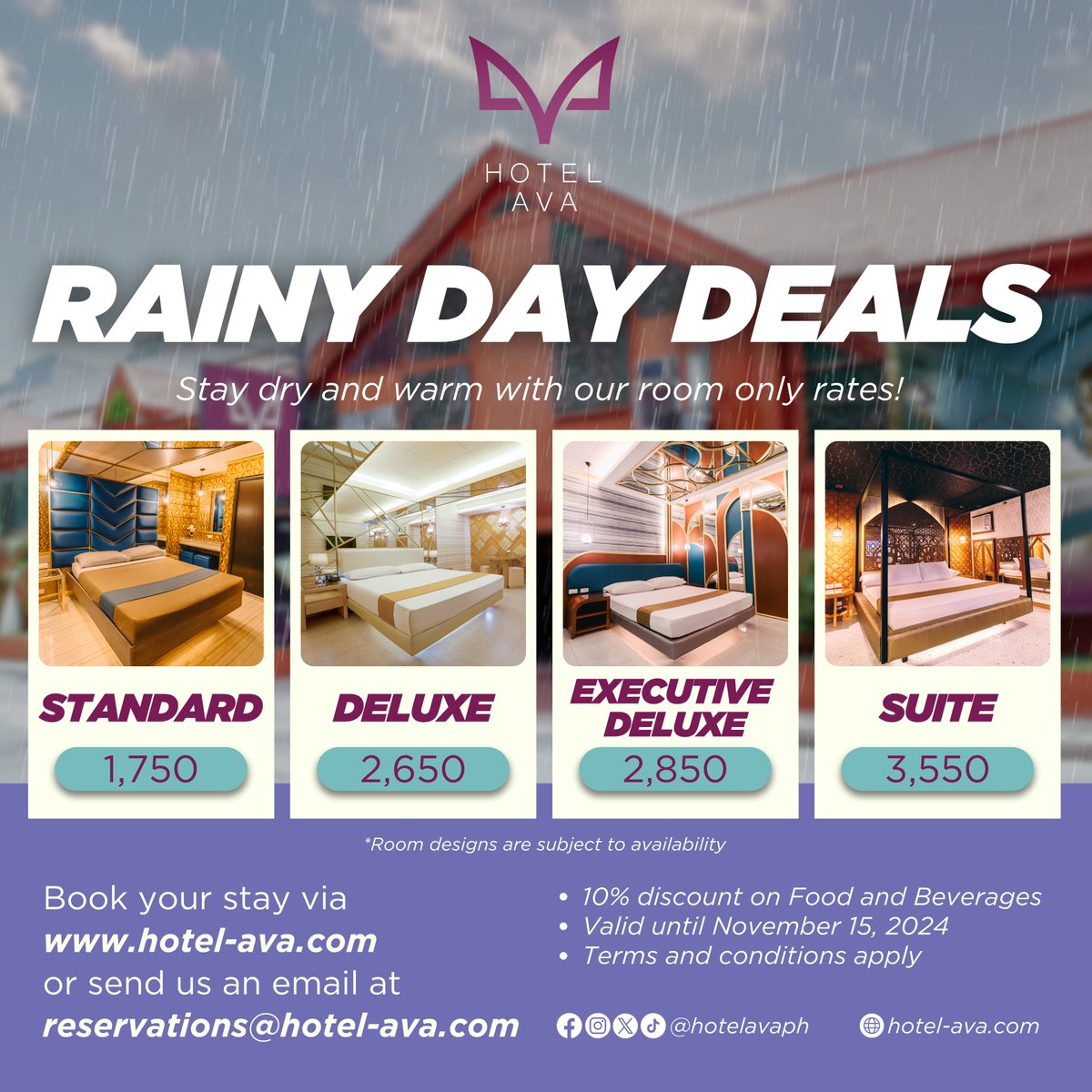 Enjoy an overnight stay with our Room Only rates with inclusion of 10% discount on all Food &amp; Beverages.

Book your stay now through our website: tinyurl.com/2c6sspb2

#HotelAva