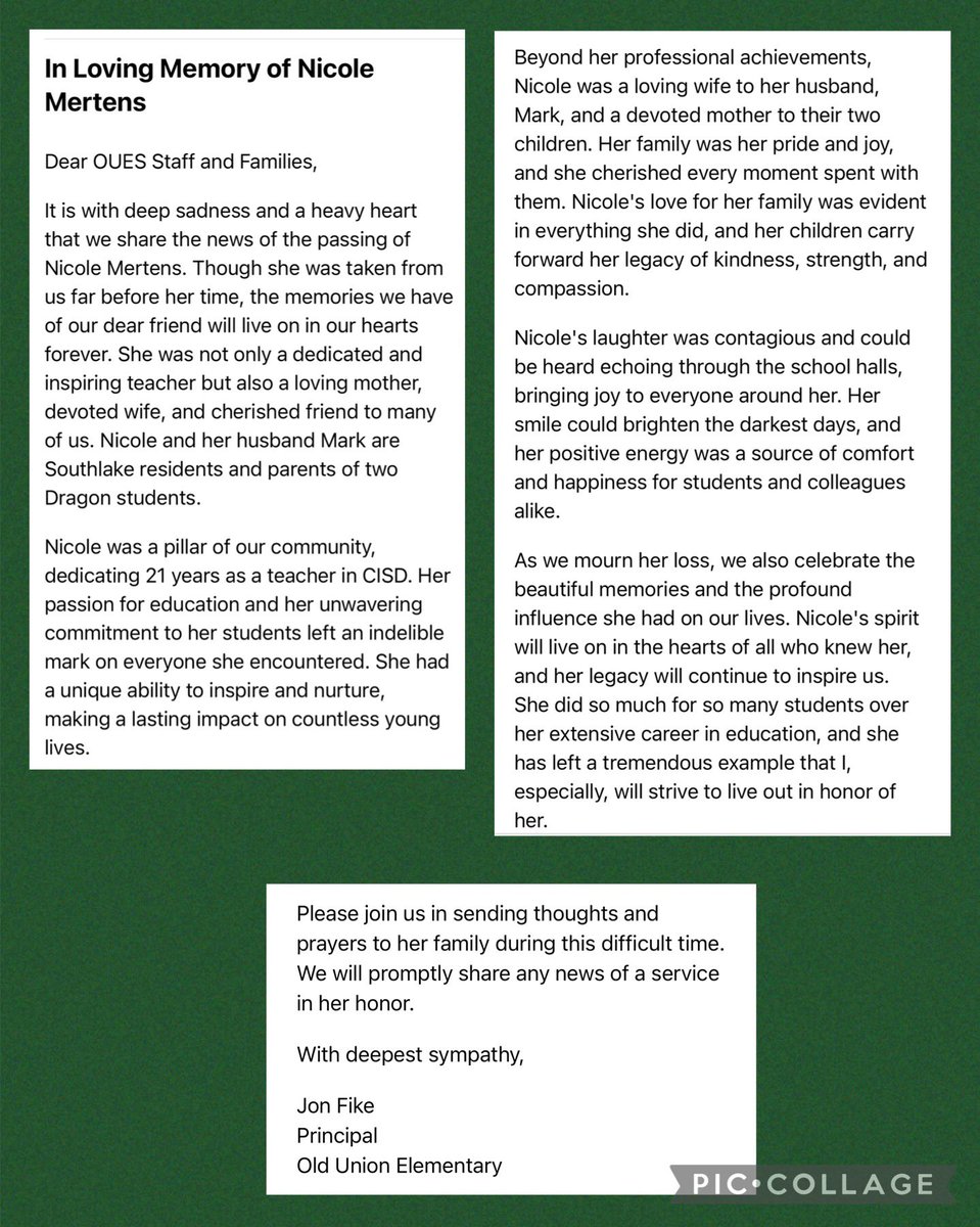 As many of you have heard today our school district lost an amazing teacher, Nicole Mertens. 
If you would like to help out the Mertens Family: 

givebutter.com/gcQsdK