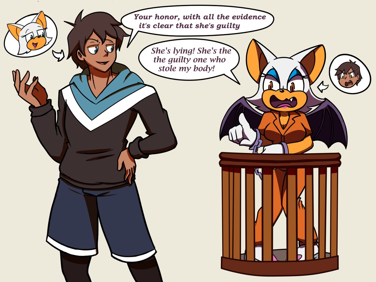 New commission for <a href="/psi789/">Axel</a>. A #BodySwap sequel of his oc Axel with Rouge the bat.
After Axel stole the soul emerald to swap back, Rouge took advantage of her situation to convince the government that "she" is a threat, so she is facing a trial that she will probably lose.