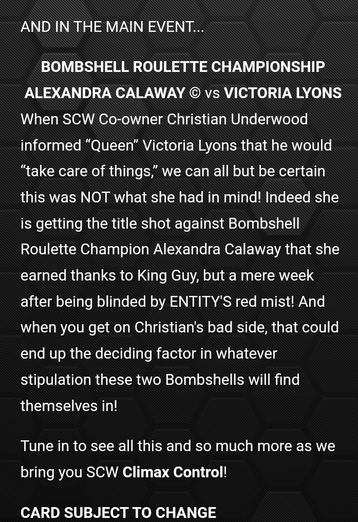 MercyMercyV's tweet image. Next week? Now, THIS I gotta see! 😲👏 

#frontrowseat
@xTheHellionx vs @LyonessV  #BombshellRouletteChampionship @SCWrestling1 #CC399