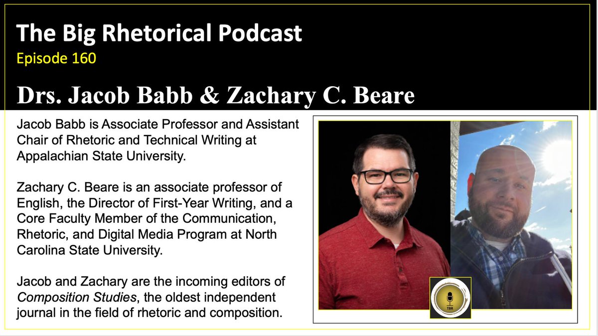 CompStudiesJrnl's tweet photo. Jacob Babb and Zachary Beare, our new editors, recently spoke with Charles Woods on @TheBigRhet, and we know you will want to listen: https://t.co/Ycuumqlz16! 📑🔥
#editing #publishing #writing #TeamRhetoric #RhetComp #academic #podcast #AcademicChatter https://t.co/KfgCncUy61