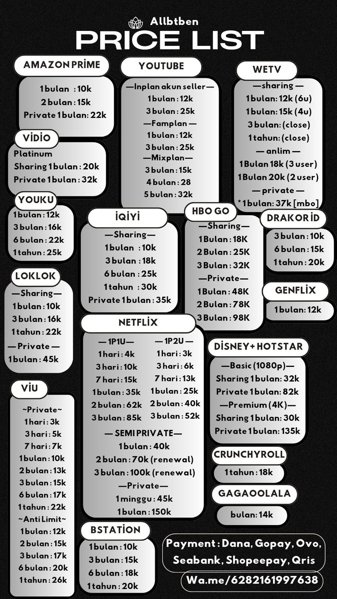 Update Pricelist Ben!

Fsr whatsapp : wa.me/6282161997638
Payment : Dana, Gopay, Spay, Ovo, Seabank, Qris
Testi : t.me/testibenn

T. Jual netflix youku viu wetv hbo go vidio iqiyi netflix loklok amazon prime disney youtube murah premium 
#zonauang #zonaba #ZonaJajan