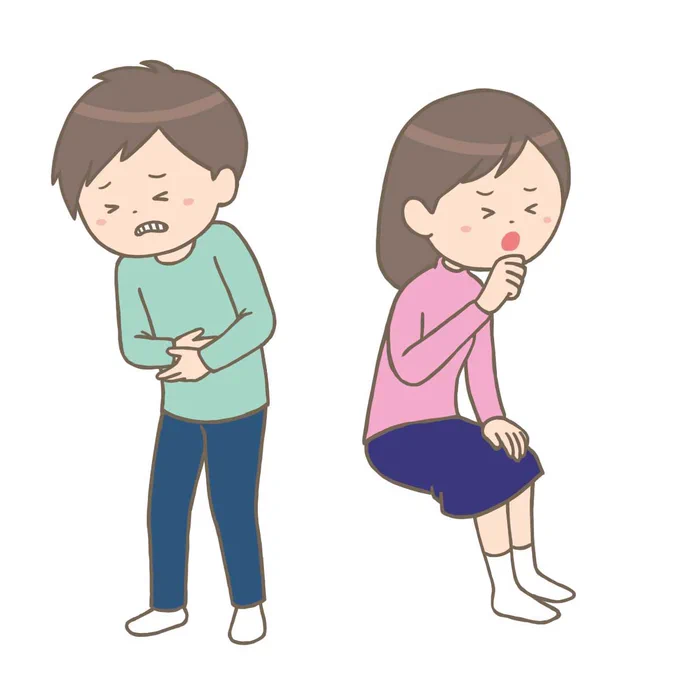 感染症のイラストです。 腹痛や咳など、男性と女性がそれぞれ症状に苦しんでいます。 #フリーイラスト #フリー素材 #看護師イラスト集 看護師イラスト集 感染症(男女)のイラスト