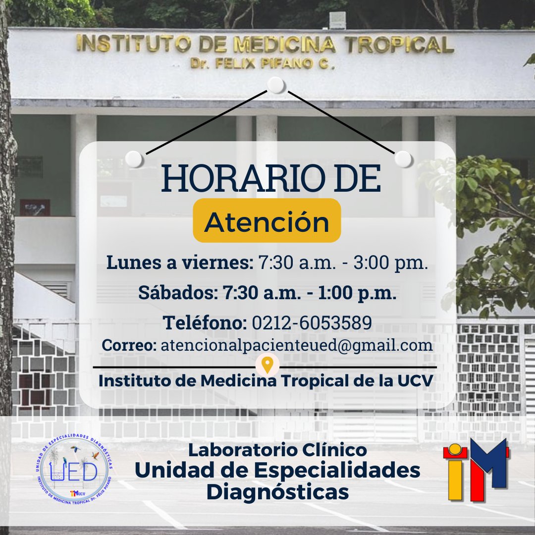 imt_ucv's tweet photo. Para su comodidad, hemos extendido nuestro horario de atención hasta los días sábados.
Nuevo horario
De Lunes a viernes de 7:30 a.m. a 3:00 p.m.
Sábados de 7:30 a.m. a 1:00 p.m.
Para mayor información llamar al 0212-605.35.89 o escribir al correo atencionalpacienteued@gmail.com https://t.co/egt07K2tIG
