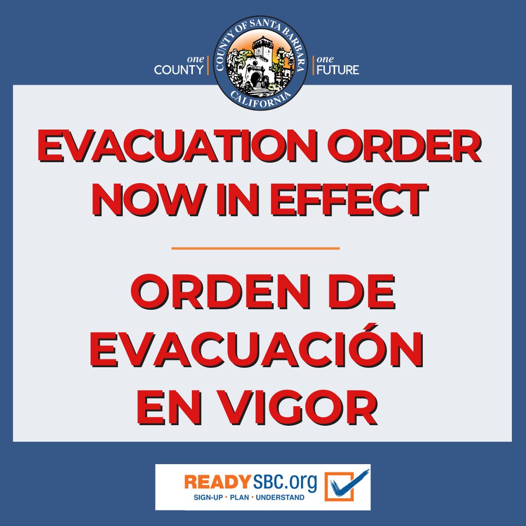 EVACUATION ORDER for the area of Figueroa Mntn Rd at Junction Camp (inc Tunnel Rd) to Chamberlin Ranch and all areas from Zaca Lake Rd at Foxen Canyon Rd north to the Sisquoc River including east of Foxen Canyon Rd to the 9000 block.  Visit  for more info and map. #LakeFire