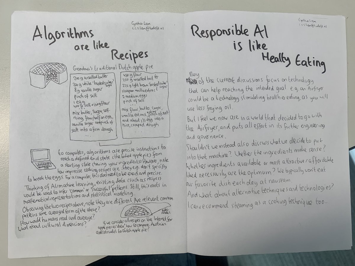 Alexander Serebrenik (@aserebrenik) on Twitter photo Two weeks ago at <a href="/lorentzcenter/">Lorentz Center</a> guided by <a href="/SarahCiston/">Sarah Ciston</a> we created zines! Here is a fragment by <a href="/informusiccs/">Cynthia Liem - @cynthiacsliem@akademienl.social</a> about #ResponsibleAI as #HealthyFood. A recipe for the grandma’s traditional Dutch apple pie is included :) Two weeks ago at <a href="/lorentzcenter/">Lorentz Center</a> guided by <a href="/SarahCiston/">Sarah Ciston</a> we created zines! Here is a fragment by <a href="/informusiccs/">Cynthia Liem - @cynthiacsliem@akademienl.social</a> about #ResponsibleAI as #HealthyFood. A recipe for the grandma’s traditional Dutch apple pie is included :)