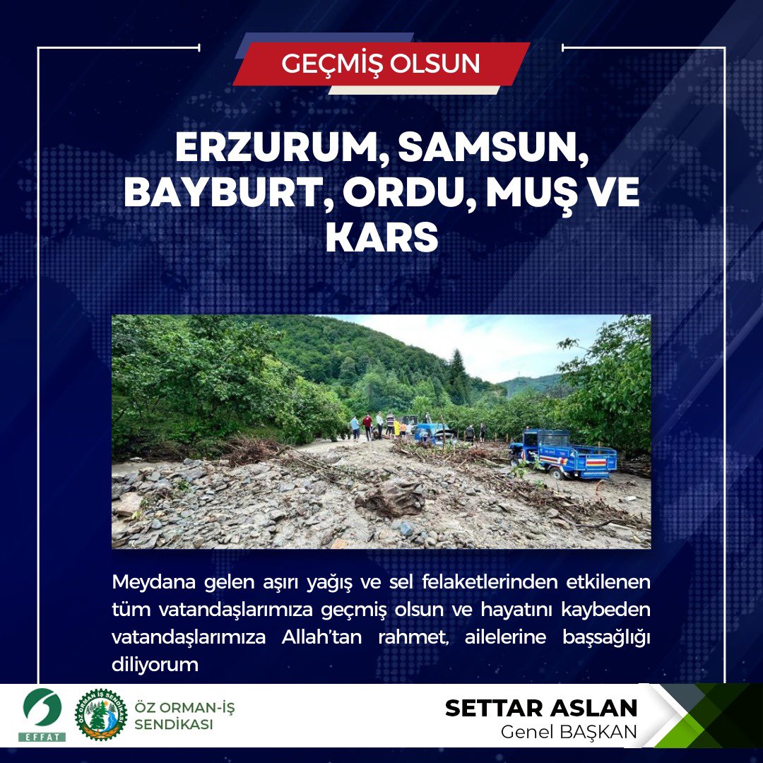 Ordu, Samsun, Muş, Erzurum, Elazığ, Ağrı illerimizde meydana gelen sel felaketinden etkilenen tüm vatandaşlarımıza geçmiş olsun dileklerimi iletiyorum.

Sel felaketi nedeniyle hayatını kaybeden vatandaşlarımıza Allah’tan rahmet, ailelerine sabır ve başsağlığı diliyorum.