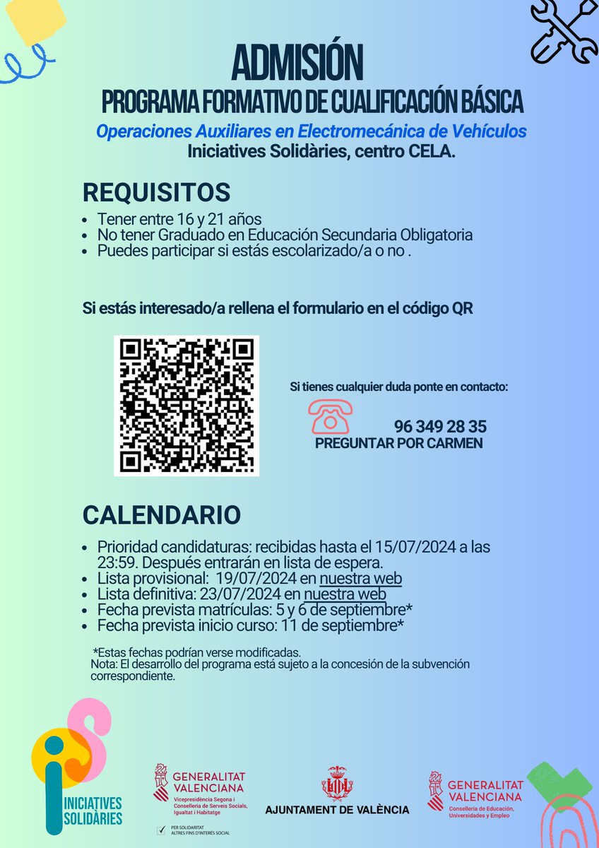 Iniciatives Solidàries (@ini_solidaries) on Twitter photo Empezamos la admisión al Programa Formativo de Cualificación Básica
Si eres joven y quieres formarte en electromecánica de vehículos automóviles rellena el formulario del código QR o a través del siguiente enlace.
forms.office.com/e/XnzYfBifCh Empezamos la admisión al Programa Formativo de Cualificación Básica
Si eres joven y quieres formarte en electromecánica de vehículos automóviles rellena el formulario del código QR o a través del siguiente enlace.
forms.office.com/e/XnzYfBifCh
