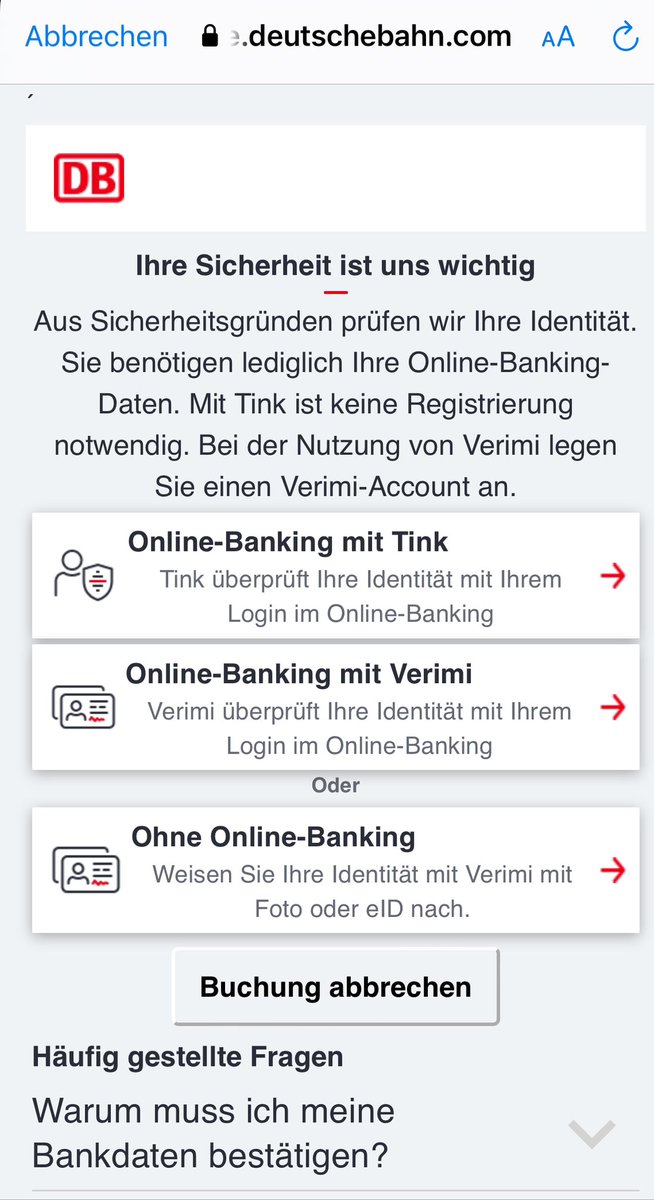 Statt in das Schienennetz investiert die <a href="/DB_Bahn/">Deutsche Bahn Personenverkehr</a> in Online Sicherheit. Das hat den doppelt positiven Effekt, dass wegen des absurden/zwielichtigen Verfahrens gleich viel weniger Leute Bahn fahren und so die Schiene entlastet wird 👏🏾 Genial! Fehlt noch das neue #Deutschlandticket